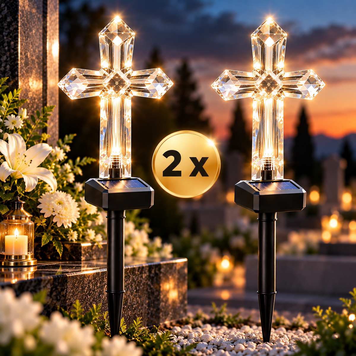 Set 2 x Lampa Solara LED in Forma de Cruce pentru Mormant, 50 cm, Lumina Multicolora