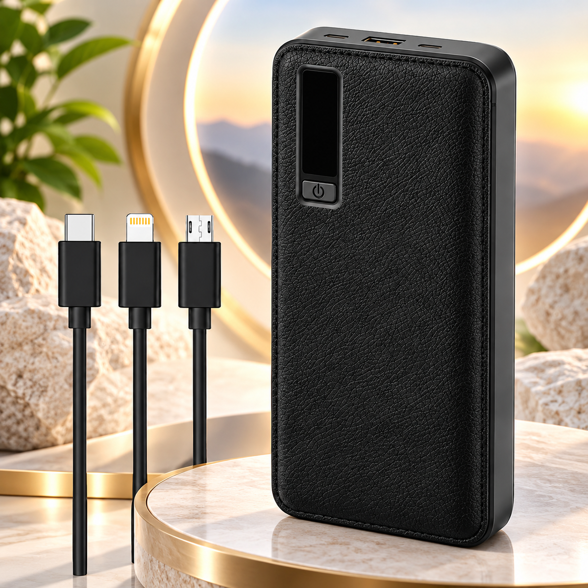 Baterie Externa 48000 mAh, 3 Porturi USB, Design cu Aspect de Piele, Incarcare Simultana, Negru
