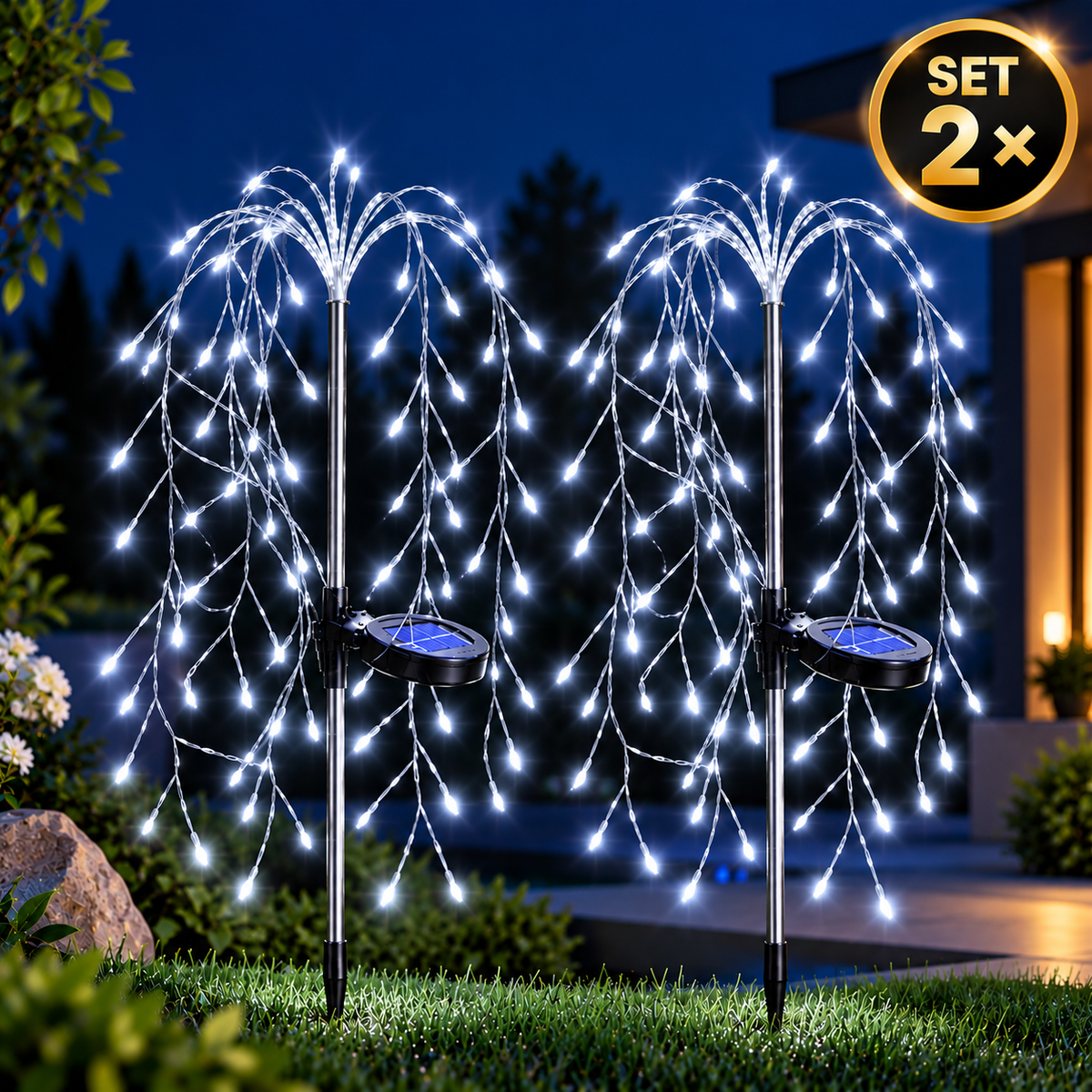 Set 2 x Lampi Solare Decorative Tip Salcie, Alb Rece, 75 cm, Protectie IP64, Aprindere Automata