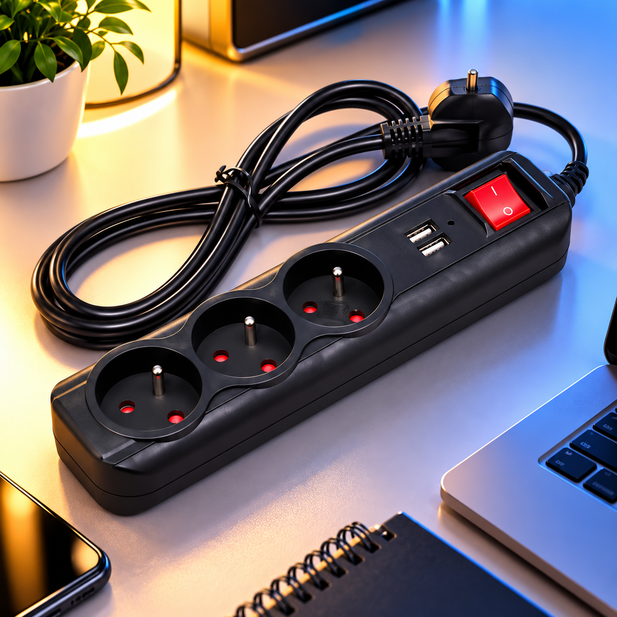 Prelungitor Electric cu 3 Prize si 2 Porturi USB, Cablu 3 m, Protectie pentru Copii