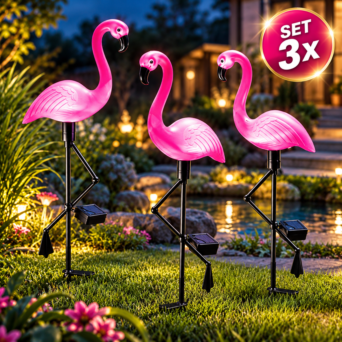 Set 3 x Lampi Solare Flamingo LED, Iluminare Automata, Rezistente La Apa IP65, Design Decorativ Gradina