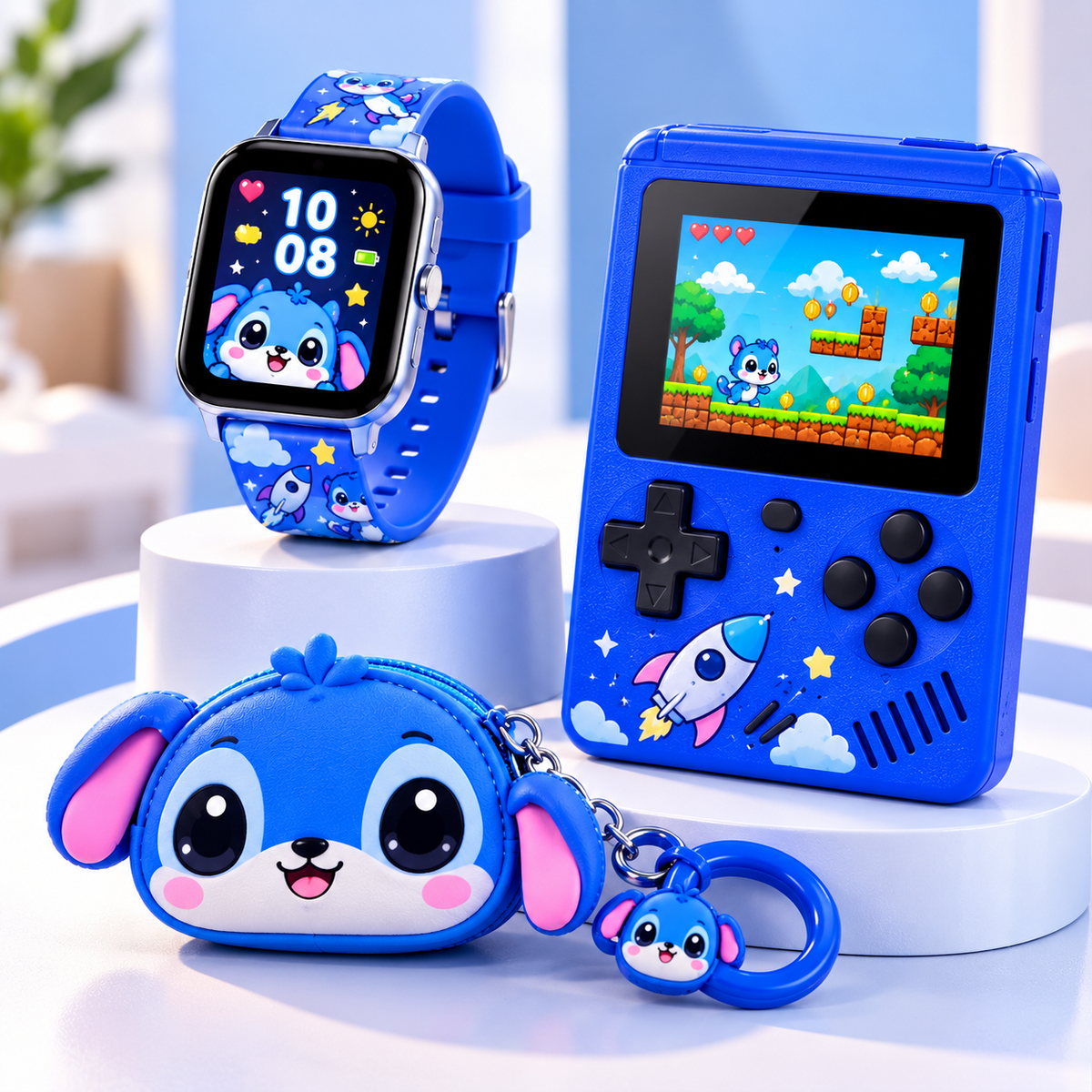 Set 3 in 1 pentru Copii, Ceas de Mana Digital, Consola Portabila cu Jocuri si Breloc Decorativ