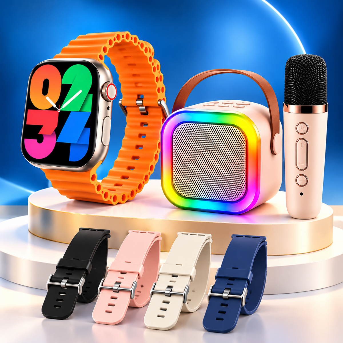 Set 7 in 1 cu Ceas Inteligent Multifunctional, 4 Curele, Boxa Portabila si Microfon Karaoke