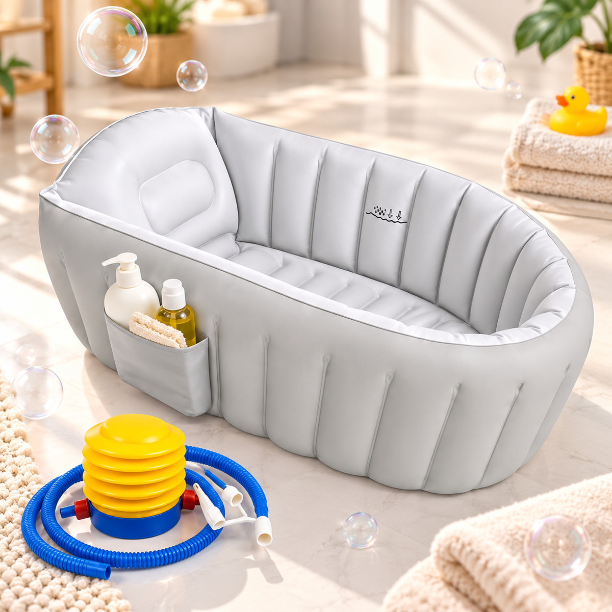 Cadita Gonflabila pentru Bebelusi si Copii, 85 x 55 x 30 cm, Baza Moale Antialunecare, Pompa Inclusa