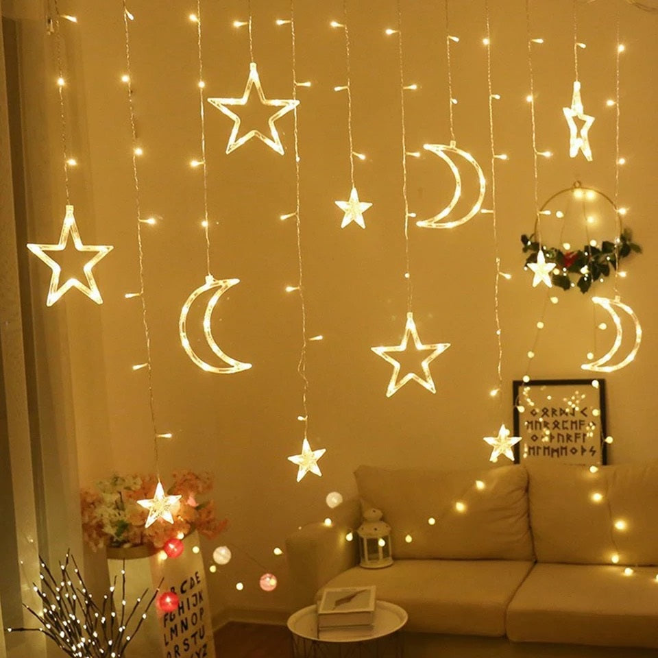 Instalatie pentru Craciun LED ext/int, Perdea, Luna si Stele - Alb Cald
