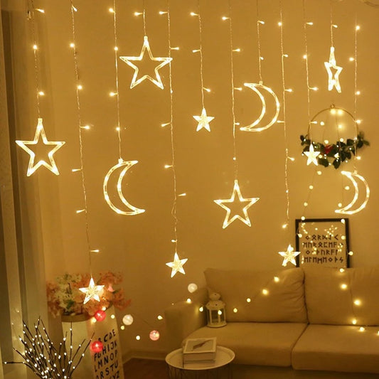 Decoratiune LED ext/int, Perdea, Luna si Stele - Alb Cald