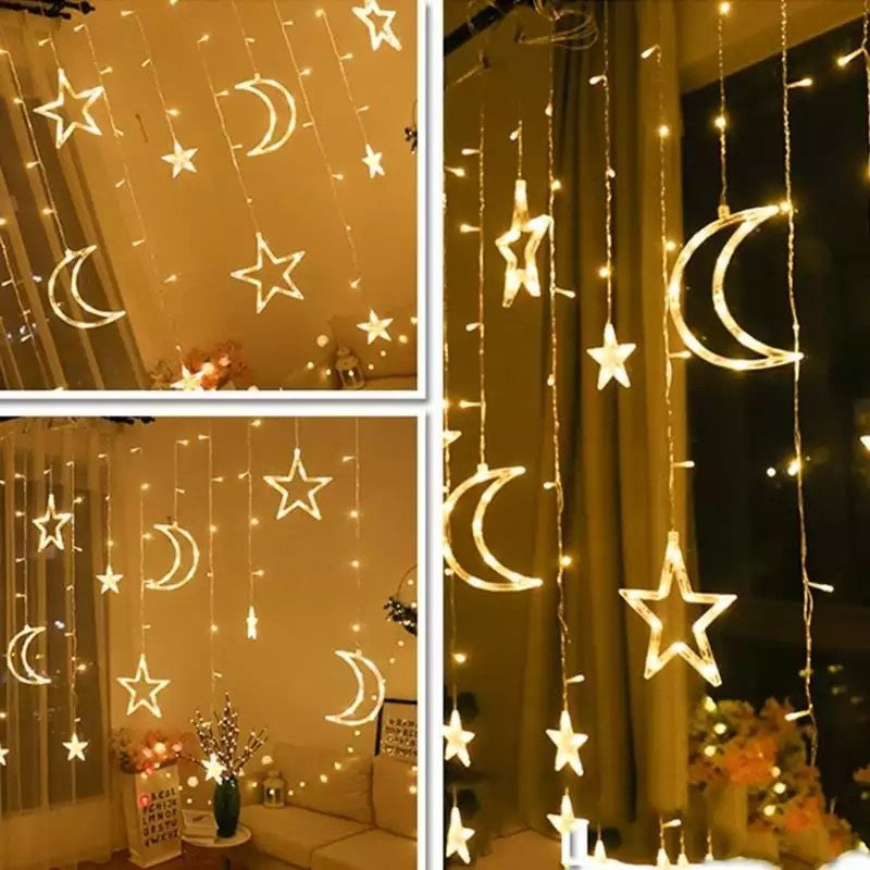 Decoratiune LED ext/int, Perdea, Luna si Stele - Alb Cald
