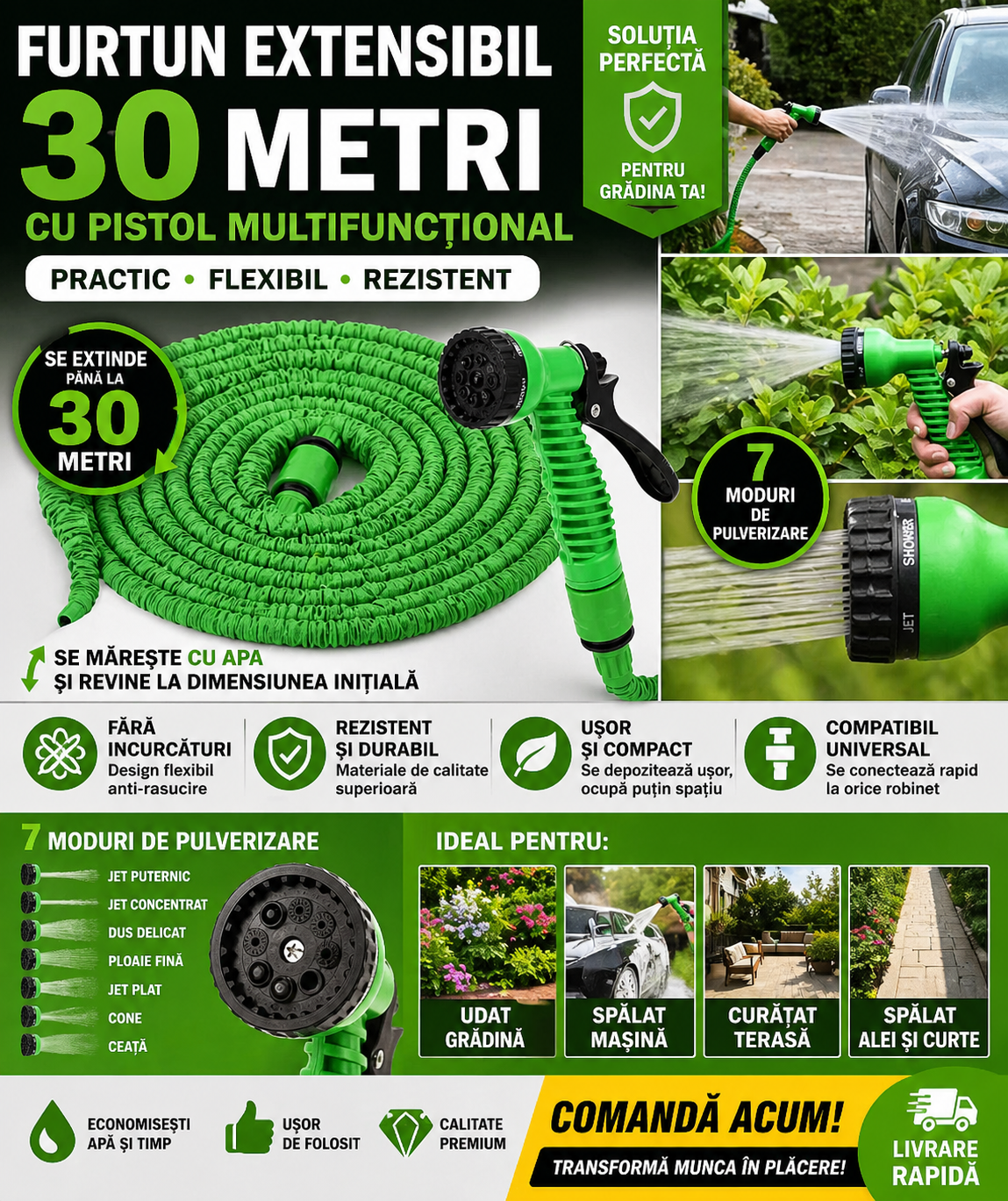 Furtun Extensibil de Gradina de 30 metri + Accesoriu pentru Stropit