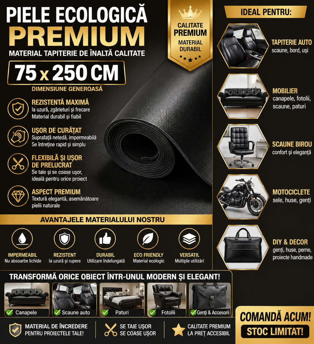 Folie Autoadeziva Piele Ecologica Neagra 75x250 cm, Reconditionare Mobila si Interior Auto, Flexibila si Durabila