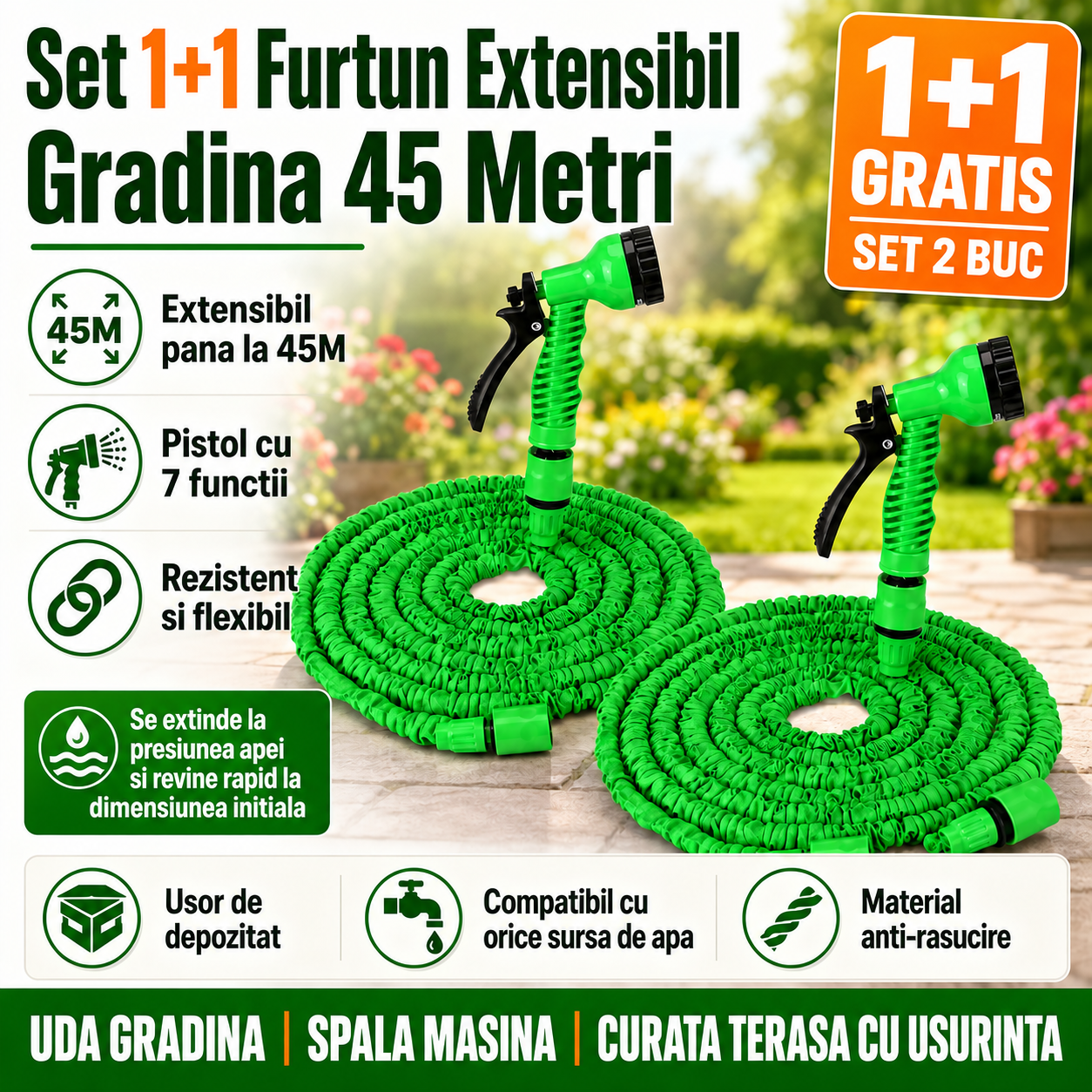 Set 1+1 Furtun Extensibil Gradina 45 Metri cu Accesoriu Multifunctional de Stropit – Furtun Elastic pentru Udat, Spalat si Irigat