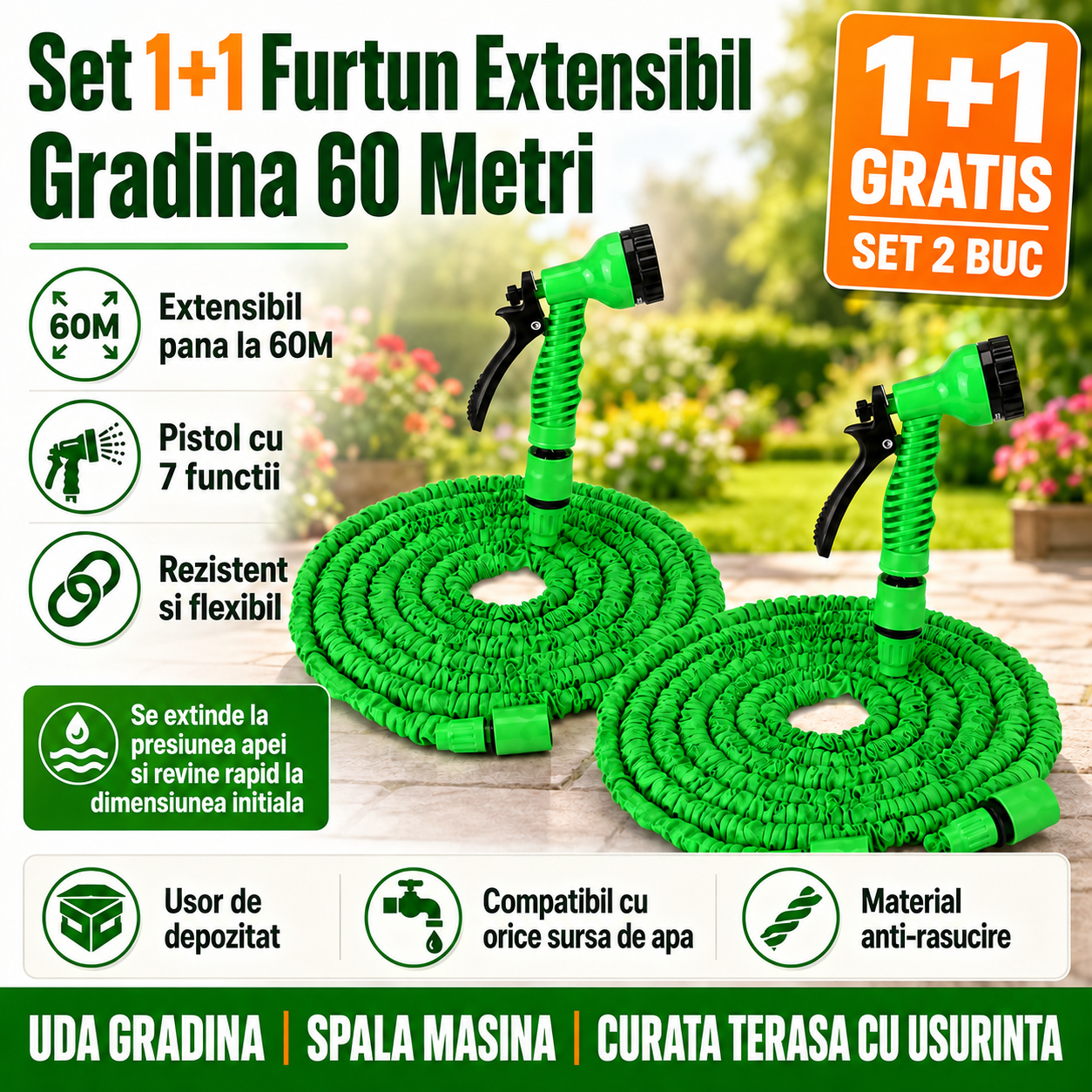 Set 1+1 Furtun Extensibil Gradina 60 Metri cu Accesoriu Multifunctional de Stropit – Furtun Elastic pentru Udat, Spalat si Irigat