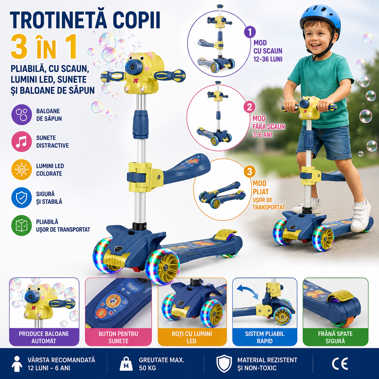 Trotineta Copii 3 in 1 Pliabila cu Scaun, Lumini LED, Sunete si Baloane de Sapun, Ghidon Reglabil