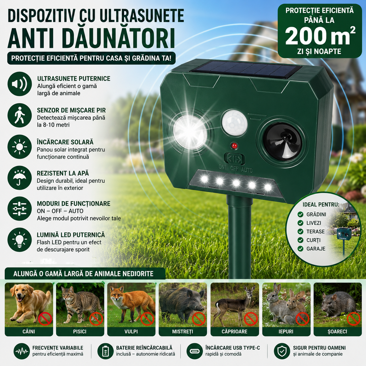 Aparat Solar cu Ultrasunete Anti Animale si Pasari, Senzor PIR, LED Stroboscopic, IP44, 2 Moduri, Montaj Exterior, Verde