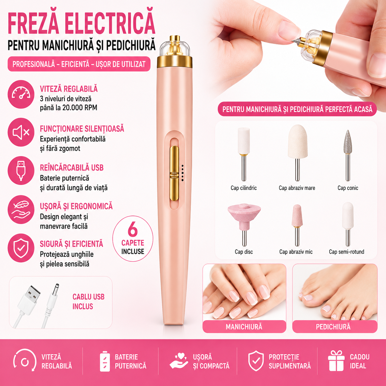 Freza Electrica pentru Manichiura si Pedichiura  - Aparat multifuncțional Reincarcabil cu 5 capete interschimbabile și cablu USB