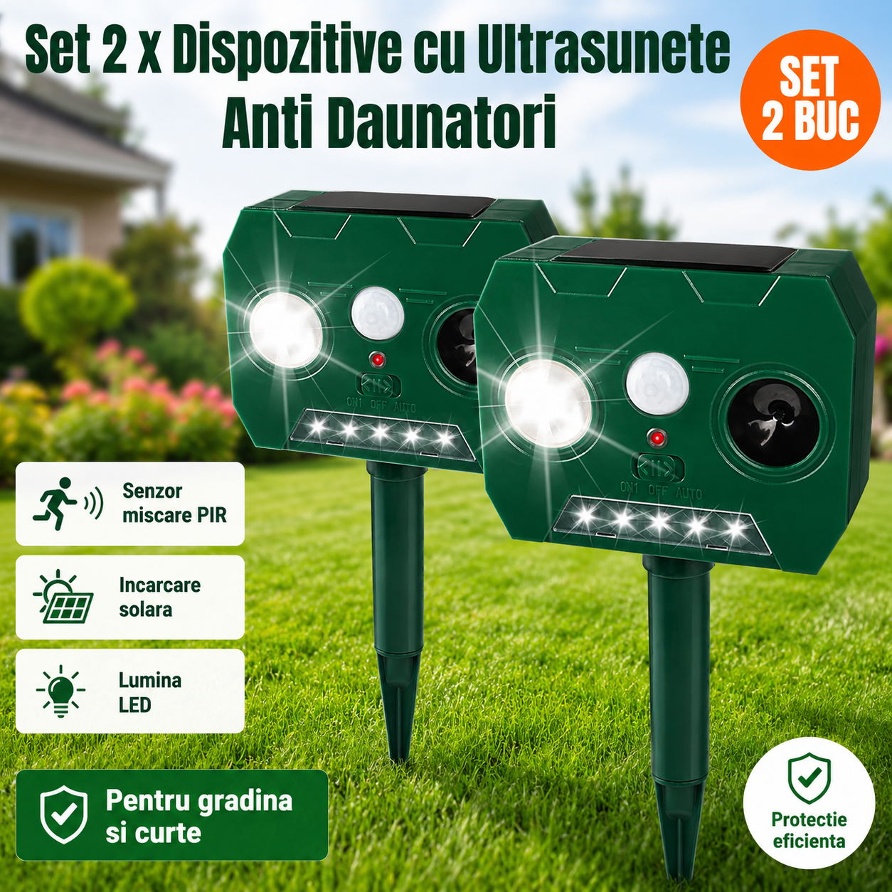 Set 2 x Aparat Solar cu Ultrasunete Anti Animale si Pasari, Senzor PIR, LED Stroboscopic, IP44, 2 Moduri, Montaj Exterior, Verde