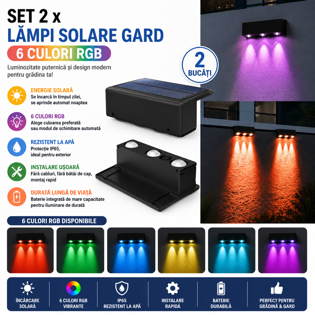 Set 2 x Lampi Solare Gard 6 Culori, Iluminare Automata, Rezistente La Apa