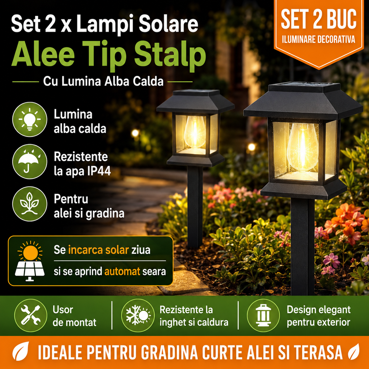 Set 2 x Lampi Solare Alee Tip Stalp Cu Lumina Alba Calda, Rezistente La Apa IP44, Iluminare Automata Pentru Gradina
