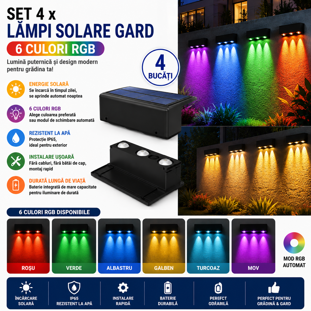 Set 4 x Lampi Solare Gard 6 Culori, Iluminare Automata, Rezistente La Apa