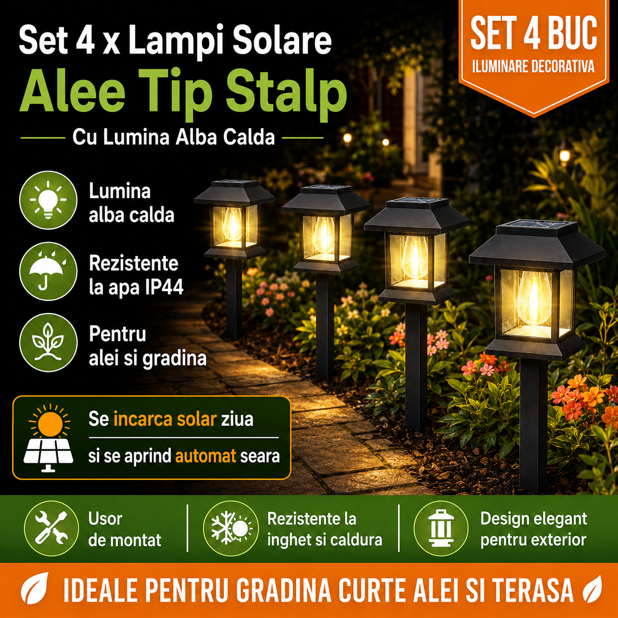 Set 4 x Lampi Solare Alee Tip Stalp Cu Lumina Alba Calda, Rezistente La Apa IP44, Iluminare Automata Pentru Gradina