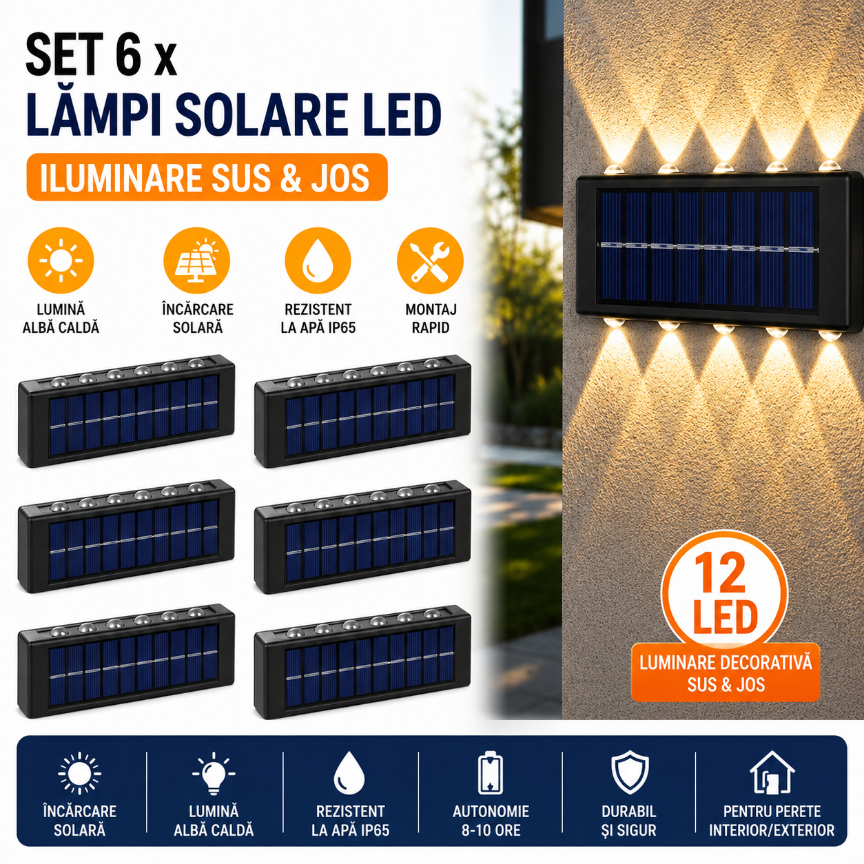 Set 6 x Lampi Solare LED Perete Iluminare Sus Jos 12 LED Rezistente La Apa Alimentare Solara Automata
