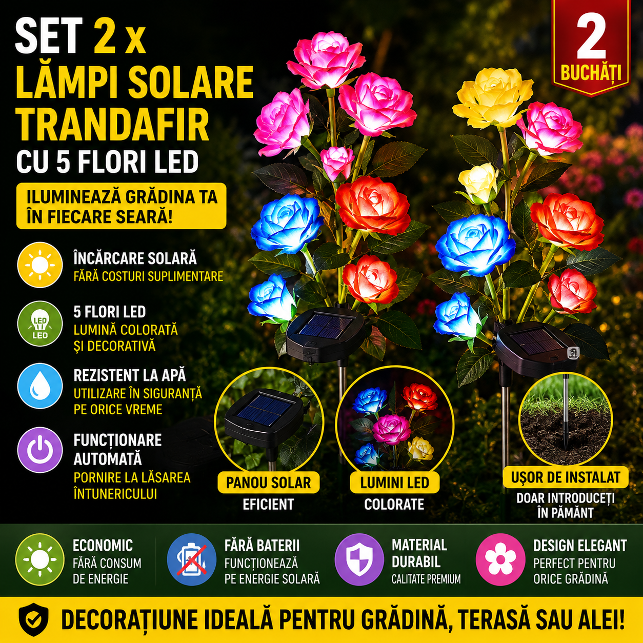 Set 2 X Lampi Solare Trandafir Cu 5 Flori LED, Senzor Lumina Automat, Rezistente La Apa, Decor Gradina Exterior, Diverse Culori