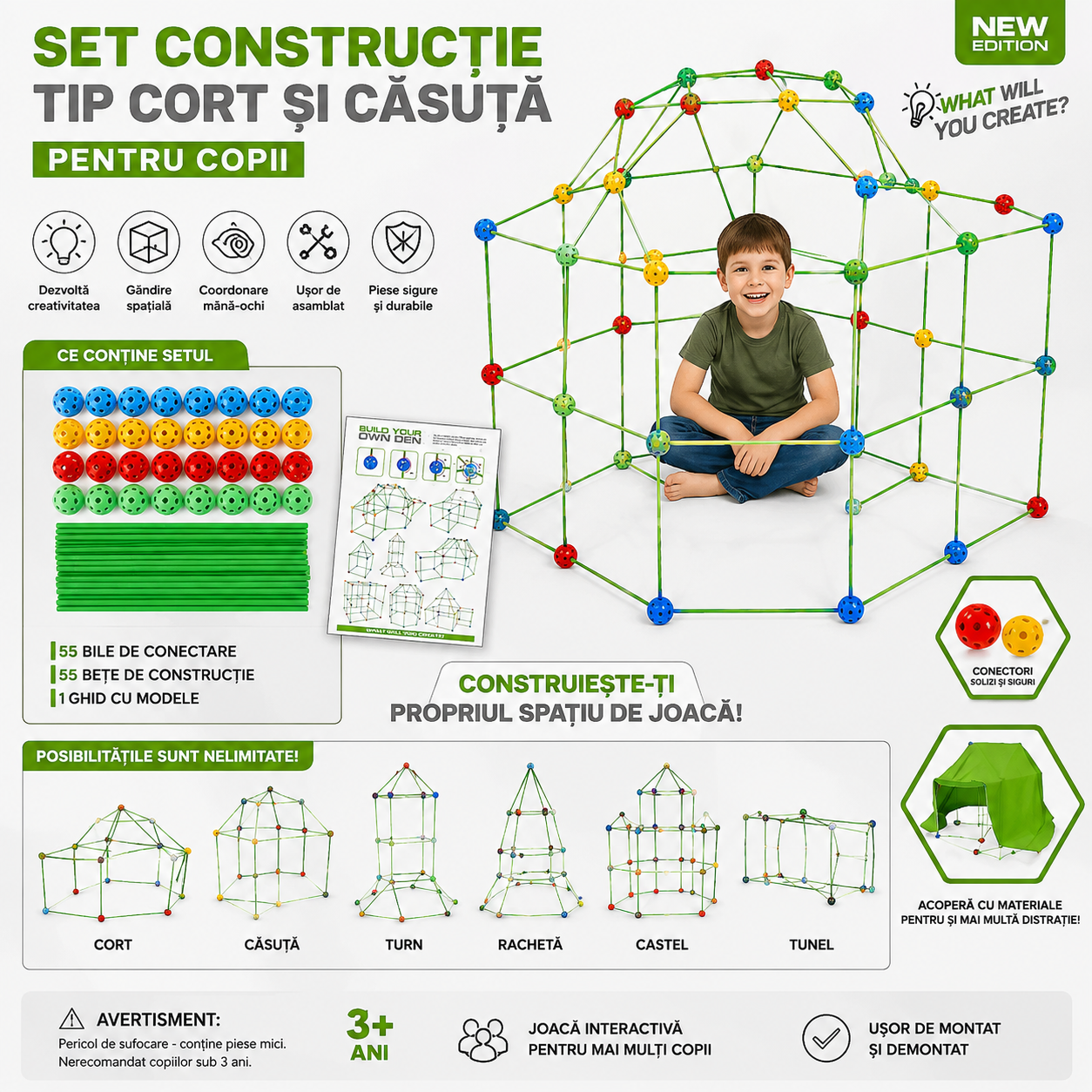 Set Constructie Tip Cort si Casuta pentru Copii – Kit Creativ cu Bare si Conectori, Asamblare Usoara, Joc Educativ pentru Interior si Exterior