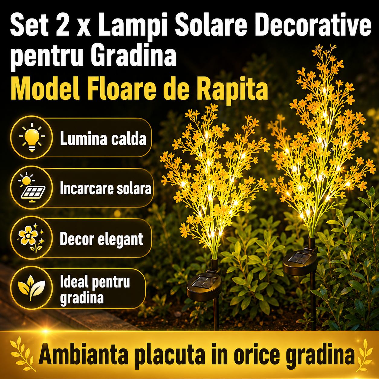 Set 2 x Lampi Solare Decorative pentru Gradina Model Floare de Rapita – Lumina Calda Ambientala, Design Realist, Rezistente la Exterior din PC si Otel Inoxidabil
