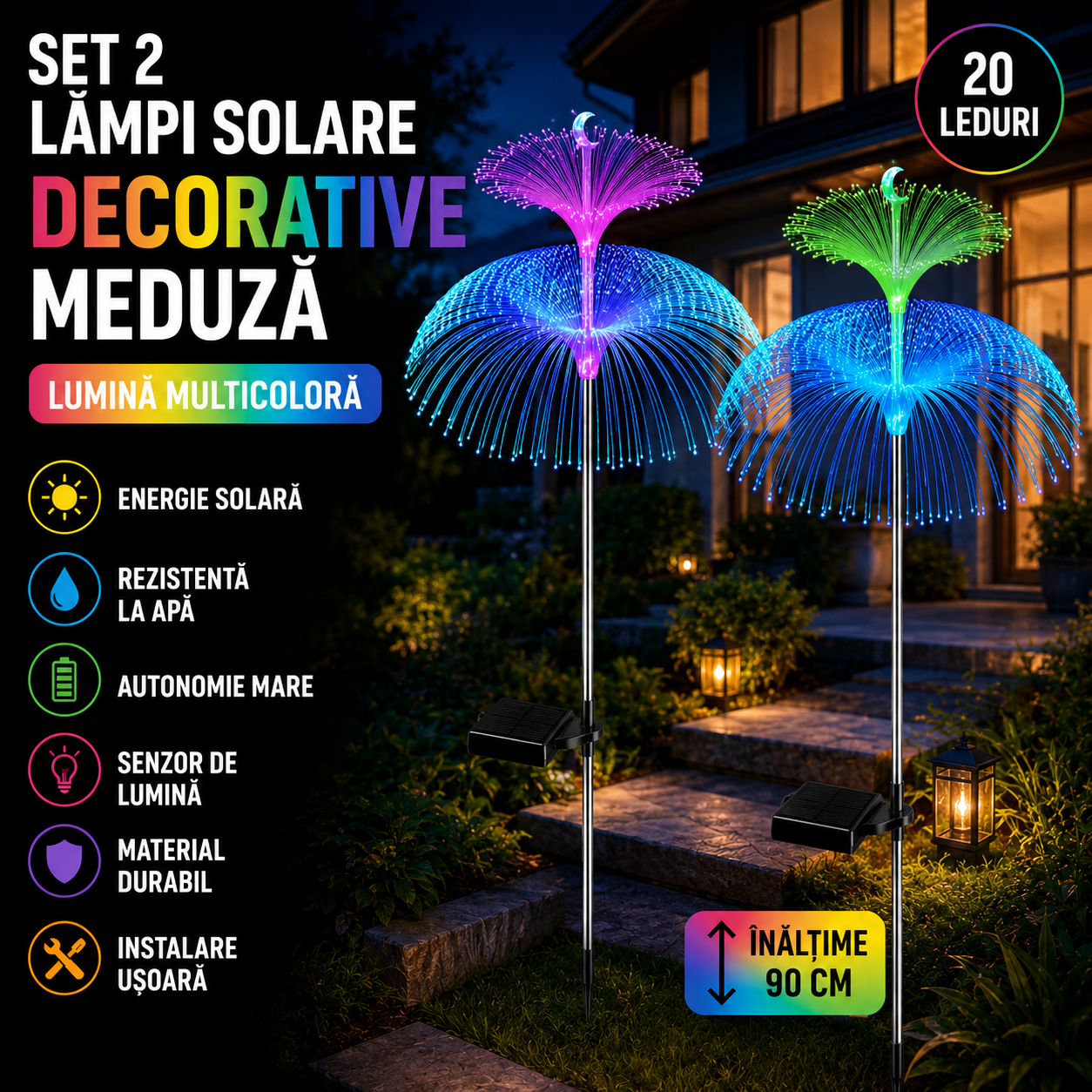 Set 2 x Lampi Solare Decorative Meduza cu Lumina Multicolora, IP65 Rezistente la Apa, Panou Solar si 8 Moduri Iluminare pentru Gradina si Curte
