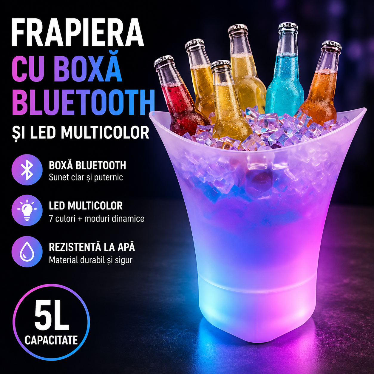 Frapiera cu Boxa Bluetooth si LED Multicolor 5L – Galeata pentru Bauturi Reci, Decor Luminos pentru Petreceri