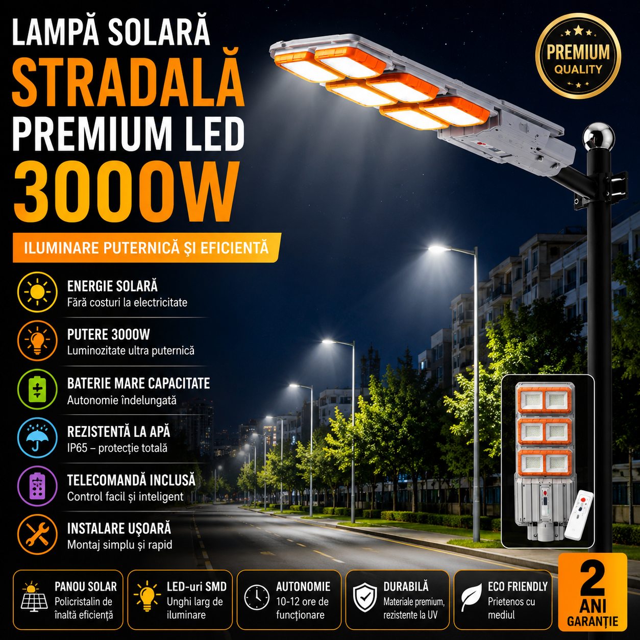 Lampa Solara Stradala Premium LED 3000W – Iluminare Puternica, Autonomie Mare si Rezistenta IP66 pentru Exterior