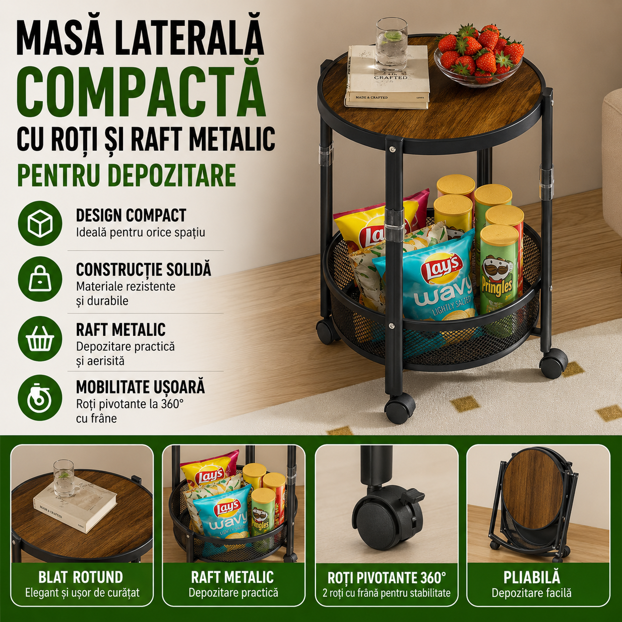 Masa Laterala Compacta cu Roti si Raft Metalic pentru Depozitare, Blat Rotund, Finisaj Lemn, Structura Rezistenta si Design Modern pentru Living, Dormitor, Birou