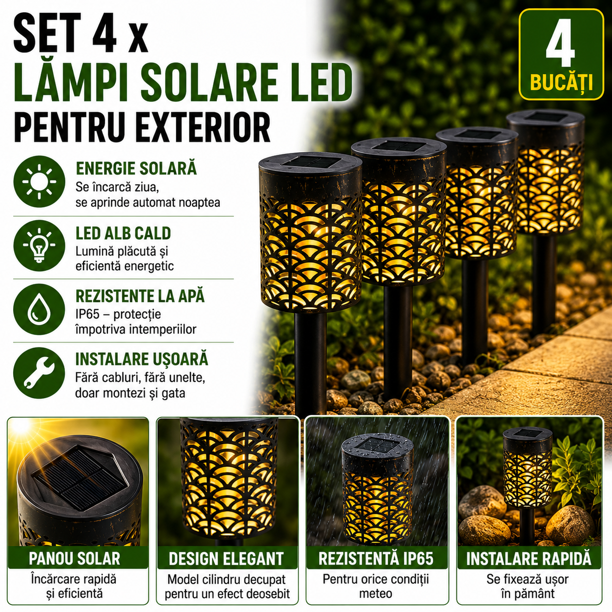 Set 4 x Lampi Solare LED pentru Exterior Model Cilindru – Lumina Galbena Ambientala, Incarcare Solara Automata, Design Elegant pentru Gradina si Terasa