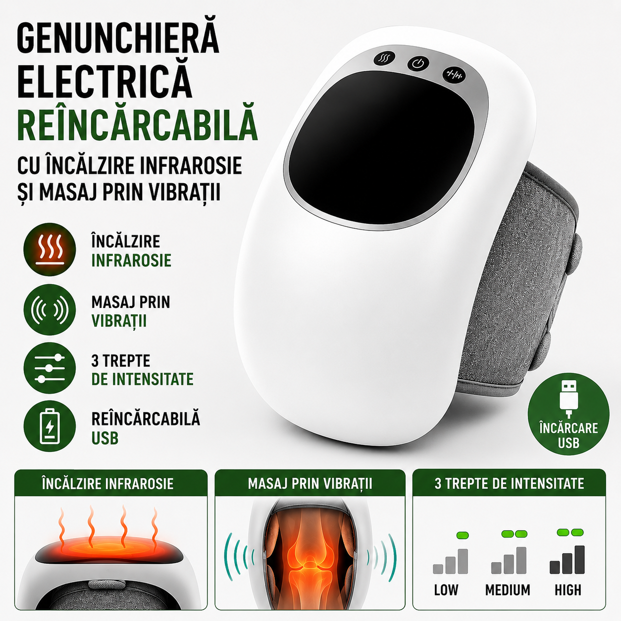 Genunchiera Electrica Reincarcabila Cu Incalzire Infrarosie Si Masaj Vibratii 3 Trepte Intensitate Portabila Pentru Ameliorarea Durerilor De Genunchi