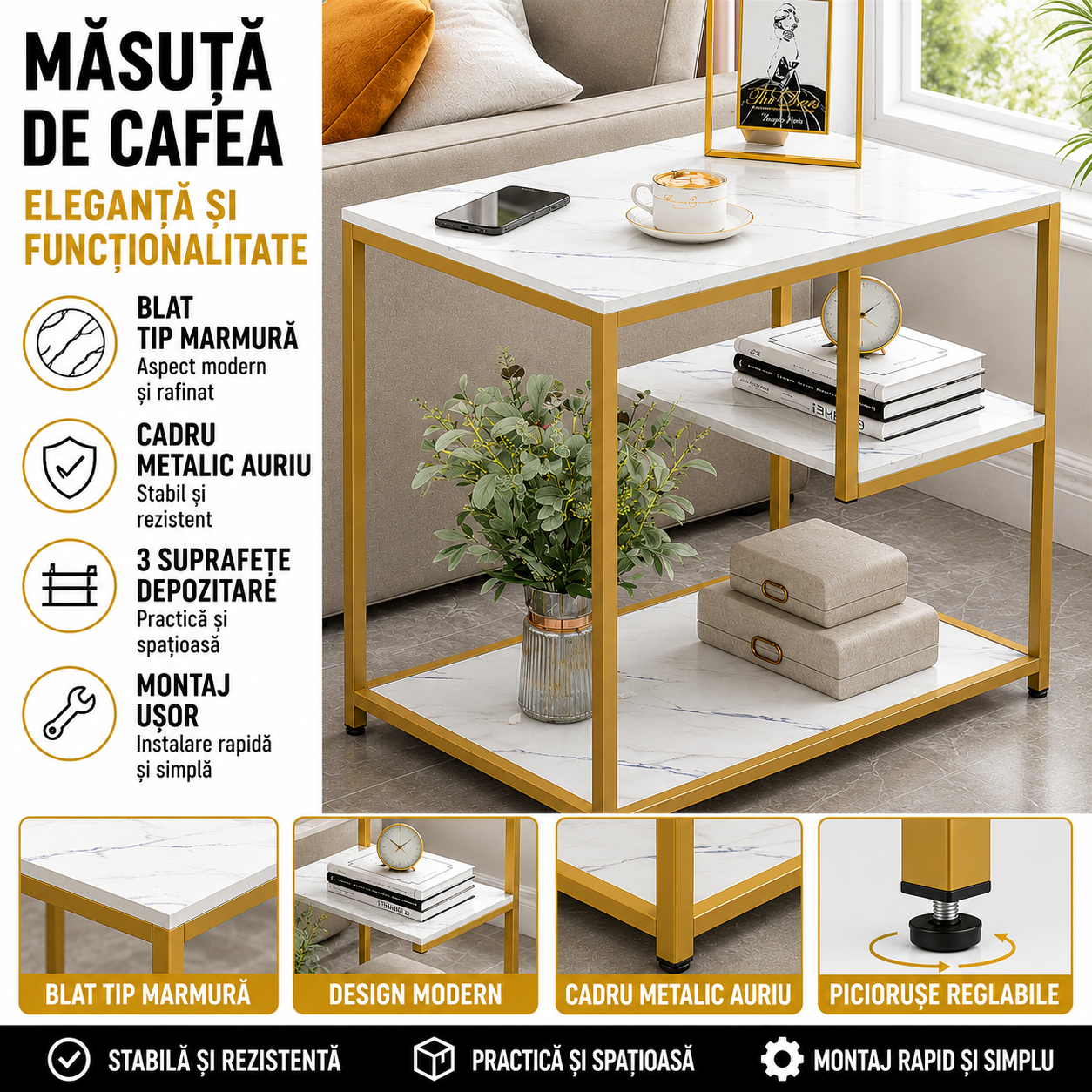 Masuta Cafea Dreptunghiulara Cu Blat Tip Marmura Cadru Metalic Auriu Stabil Design Modern Pentru Living Si Dormitor