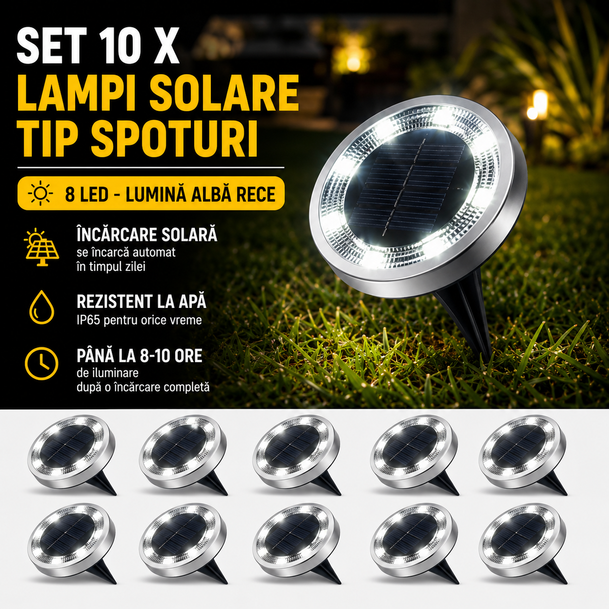 Set 10 x Lampi Solare Tip Spoturi cu 8 LED Lumina Alba Rece, Rezistente la Apa, Senzor Automat Zi Noapte, Iluminat Exterior pentru Gradina si Alei