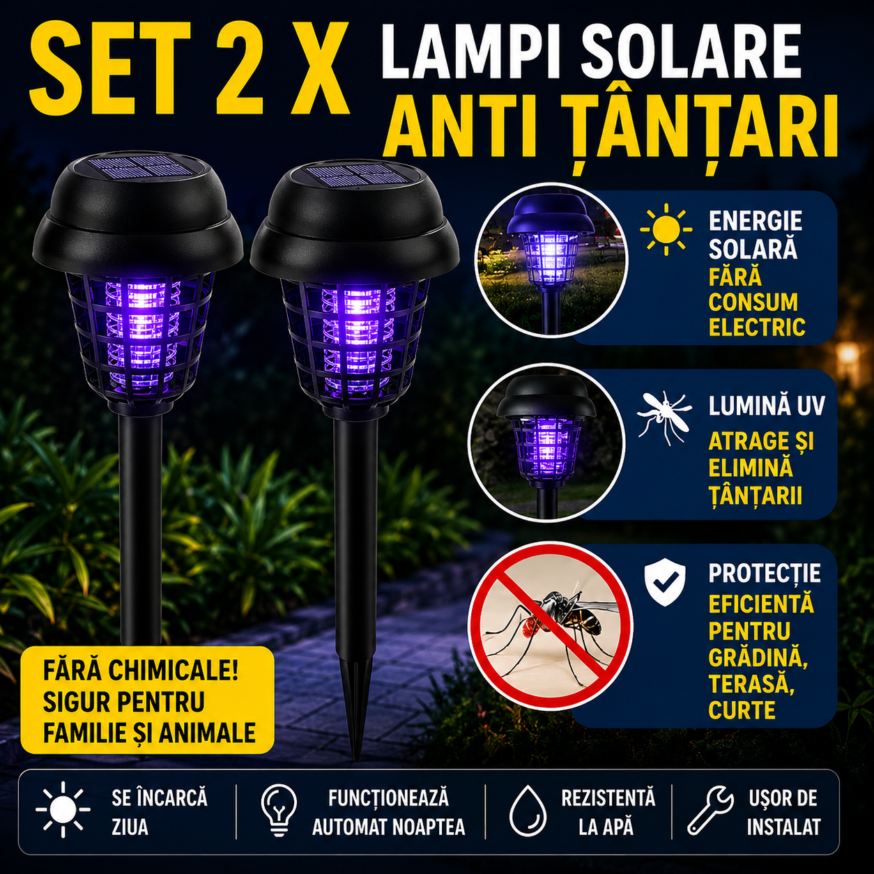 Set 2 X Lampi Solare Anti Tantari Cu Lumina UV, Iluminare Automata, Autonomie 8-12 Ore, Utilizare Interior Exterior