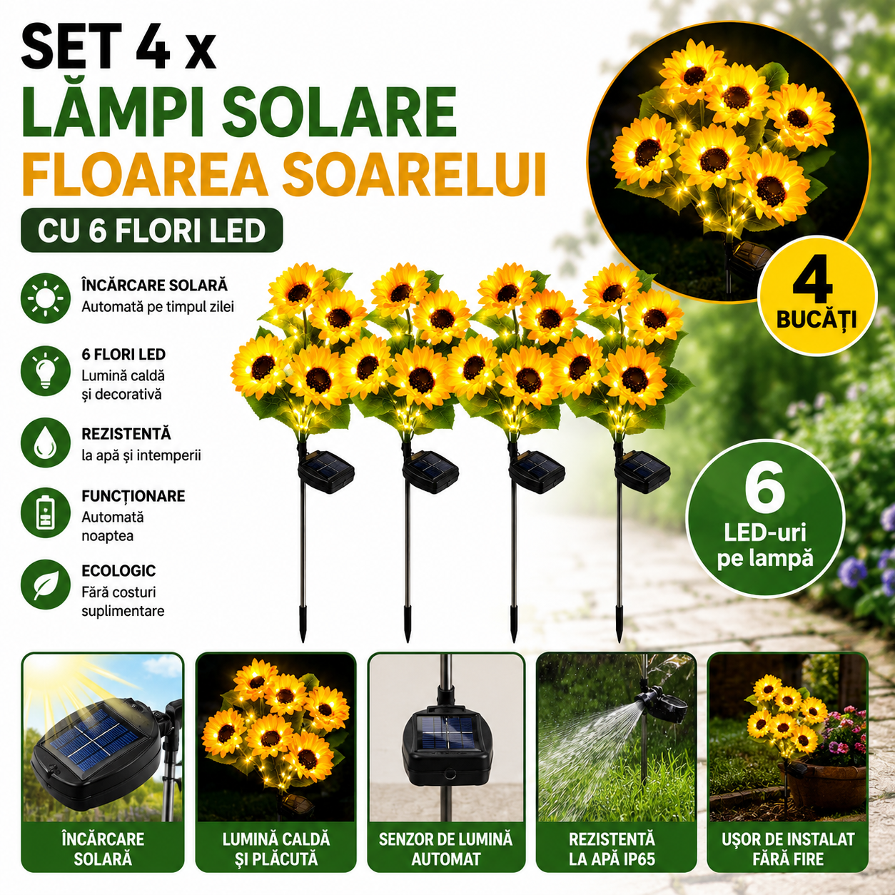 Set 4 X Lampi Solare Floarea Soarelui Cu 6 Flori LED Fiecare, Iluminare Automata, Alimentare Solara, Rezistente La Apa, Decor Gradina Exterior