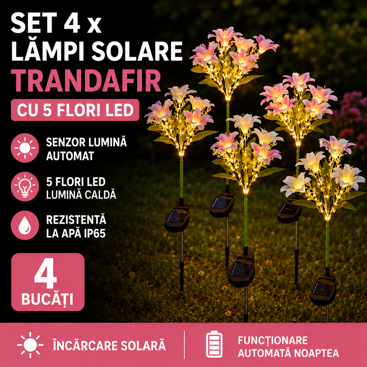 Set 4 X Lampi Solare Crin Cu 7 Flori LED Fiecare, Senzor Lumina, Rezistente La Apa, Decor Exterior Multicolor Pentru Gradina, Diverse Culori