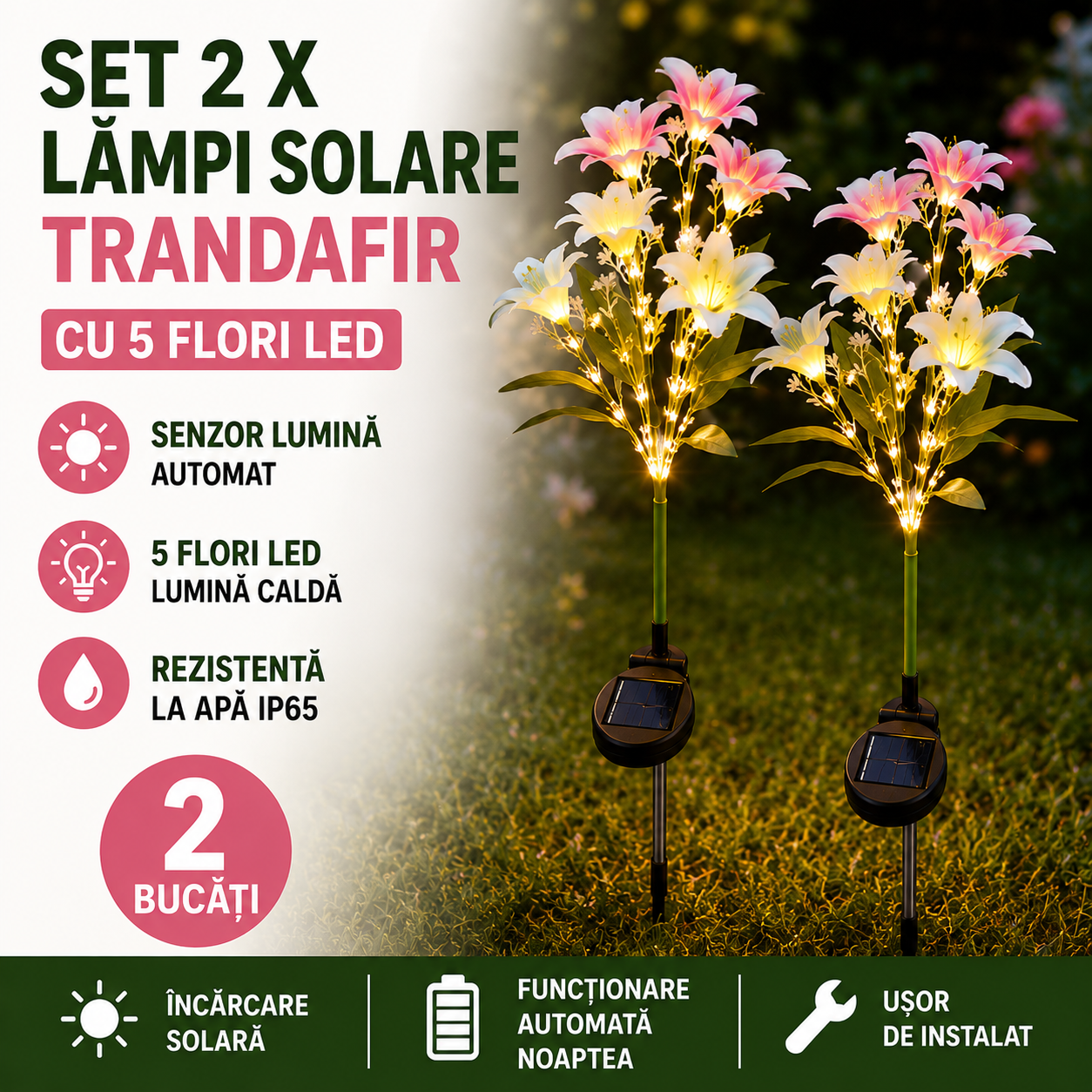 Set 2 X Lampi Solare Crin Cu 7 Flori LED Fiecare, Senzor Lumina, Rezistente La Apa, Decor Exterior Multicolor Pentru Gradina