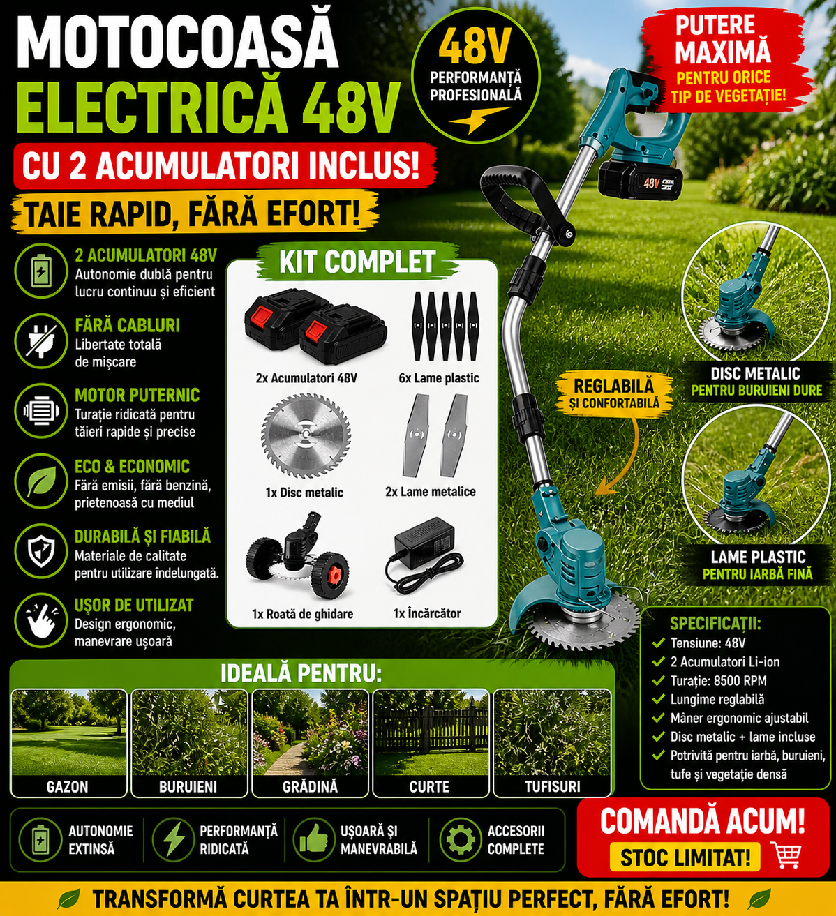 Motocoasa Electrica 48V cu 2 Acumulatori 4000 mAh, 18000 RPM, Set Roti Detasabile si Accesorii Complete pentru Tuns Iarba si Gradina