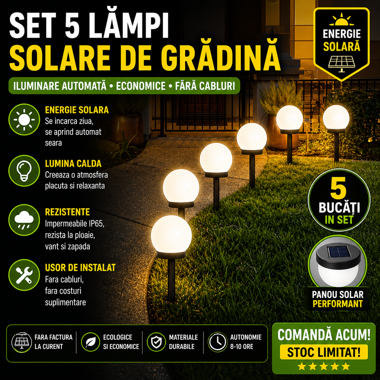 Set 5 x Lampa cu Incarcare Solara Tip Glob pentru Gradina 33 cm, Rezistenta la Apa