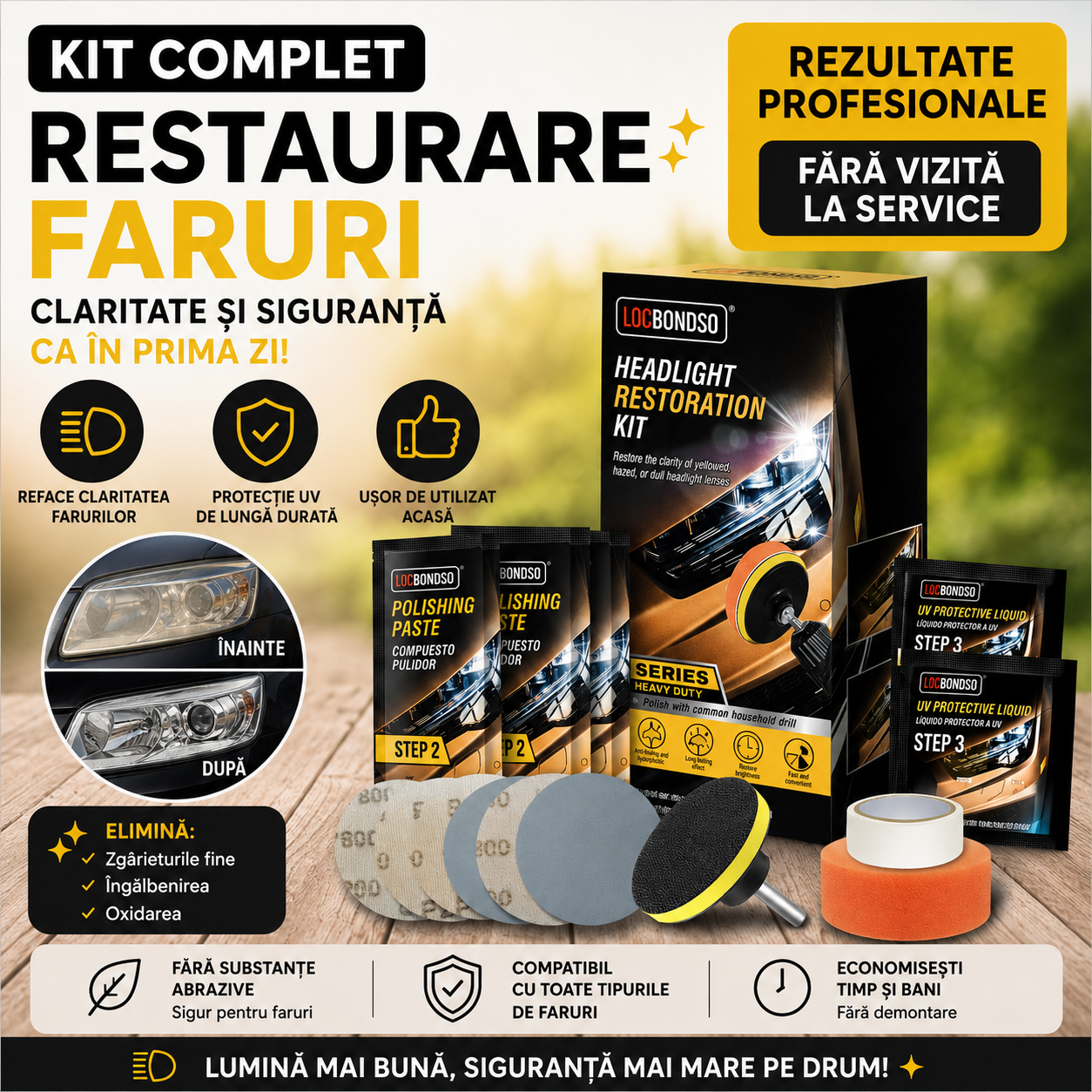 Set Curatare si Lustruire Faruri Auto 3 Pasi, Discuri Abrazive, Strat Protector