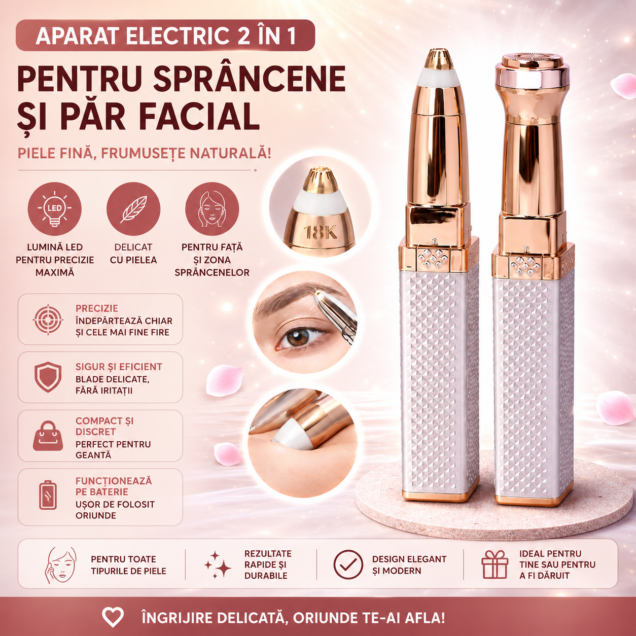 Aparat Electric 2 In 1 Pentru Sprancene Si Par Facial Cu Lumina LED, Reincarcabil USB, Portabil, Fara Durere, Silentios