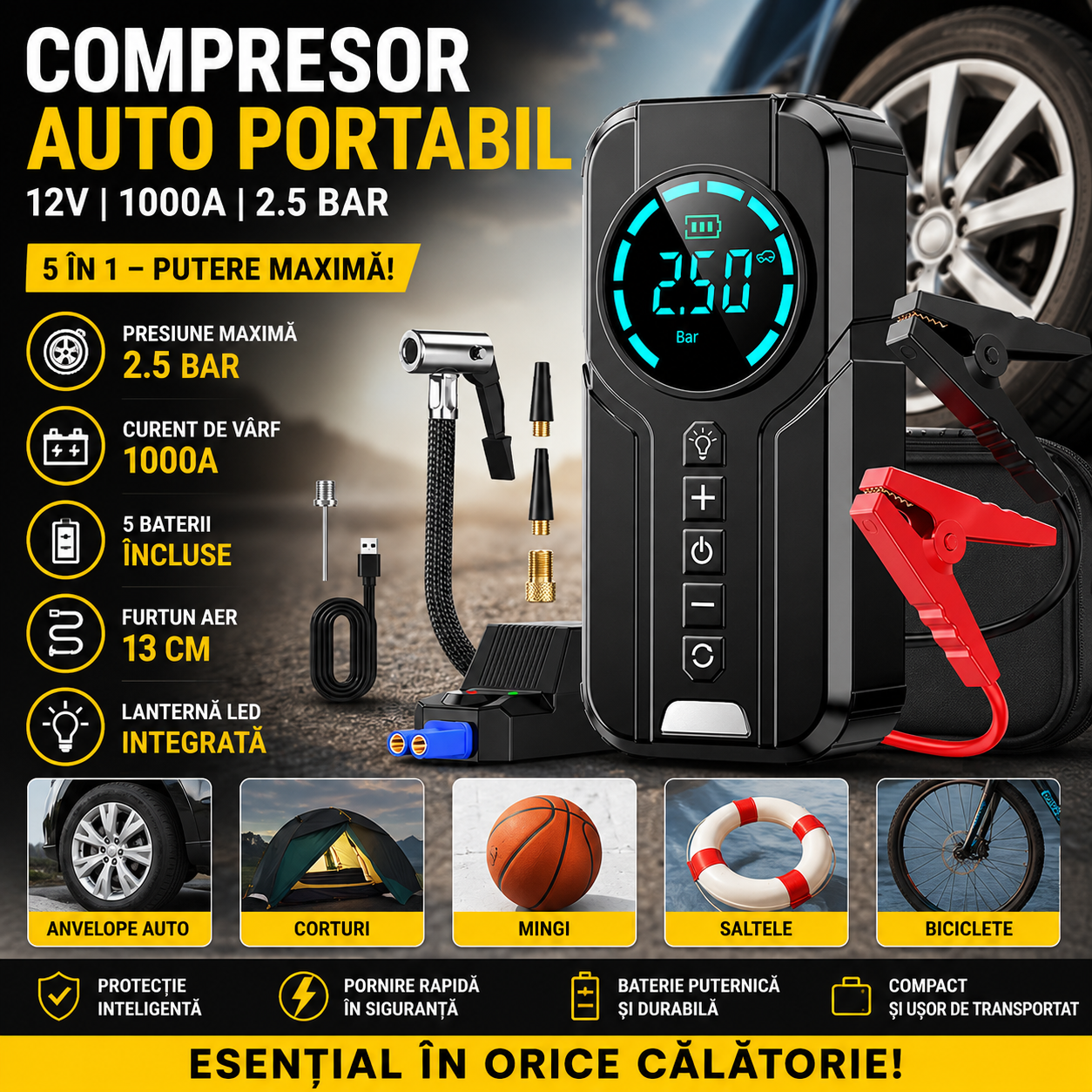 Compresor Auto Portabil 12V 1000A Presiune 2.5 Bar Cu 5 Baterii Furtun 13 Cm Compact Puternic Pentru Umflare Rapida Anvelope