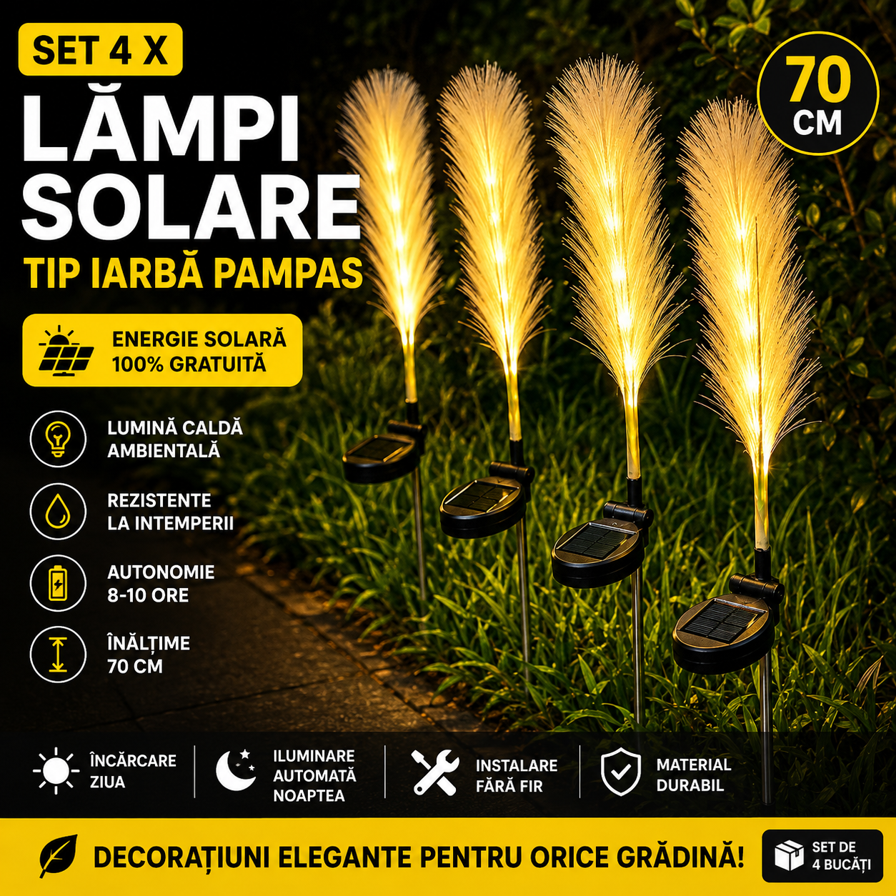Set 4 x Lampi Solare Decorative Tip Iarba Pampas 70 Cm Cu LED Lumina Calda Rezistente IP66 Pentru Gradina Terasa Si Alei