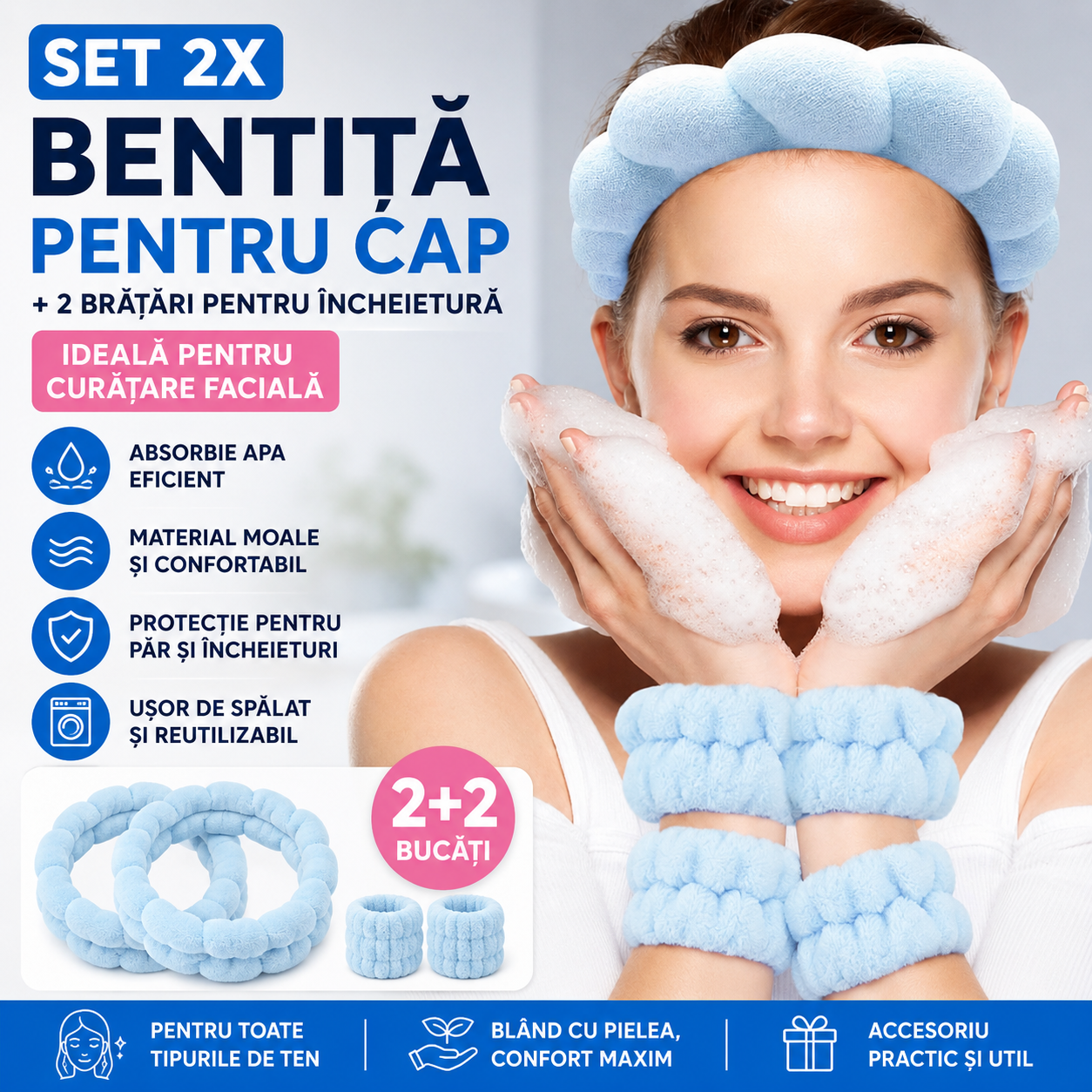 Set 2X Bentita Pentru Cap Cu 2 Bratari Pentru Incheietura Ideala Pentru Curatare Faciala Machiaj Si Coafare Fara Scurgeri De Apa Confort Maxim