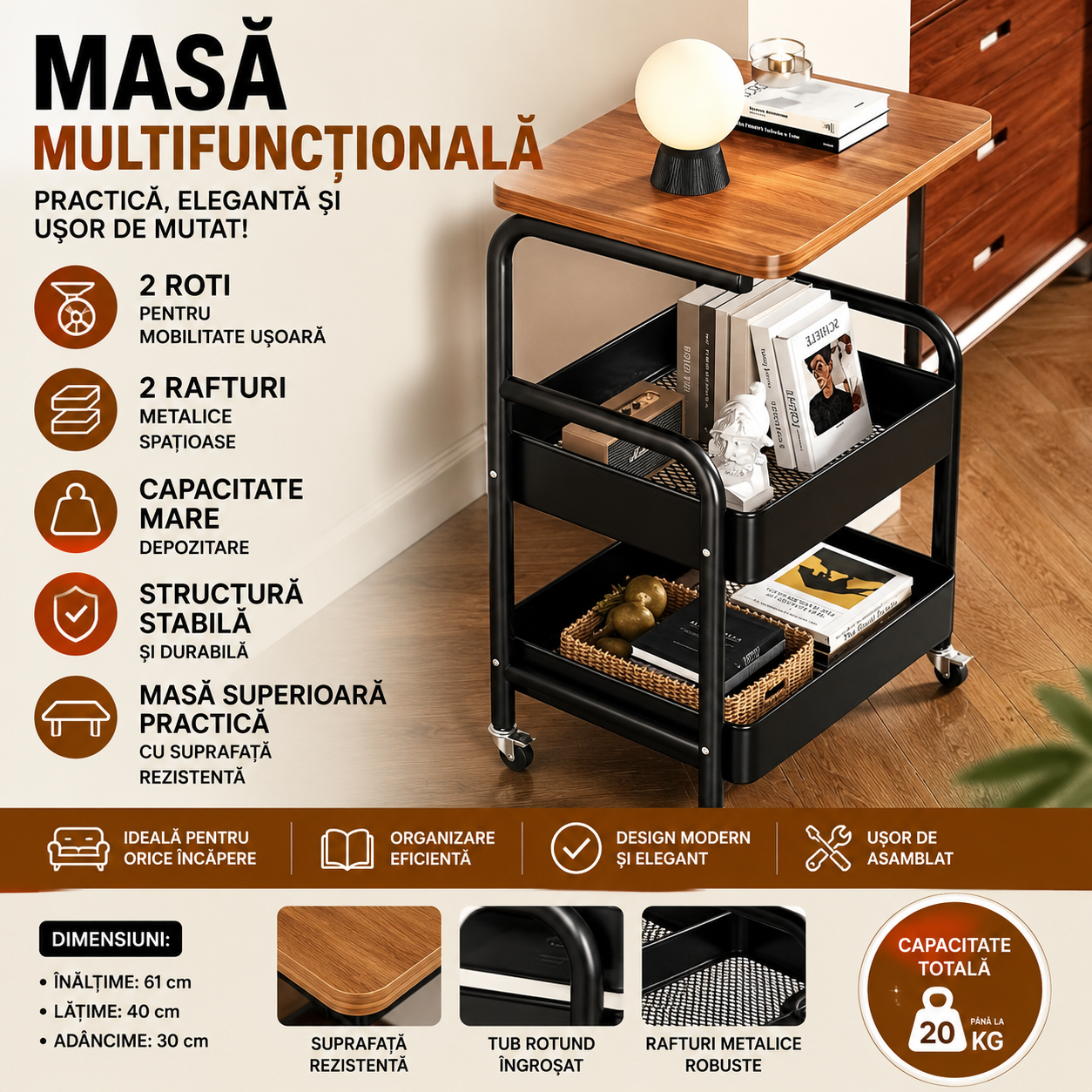 Masa Superioara cu 2 Roti, 2 Rafturi Metalice Depozitare, Organizator Multifunctional Bucatarie, Baie sau Living, 77x43x30 cm