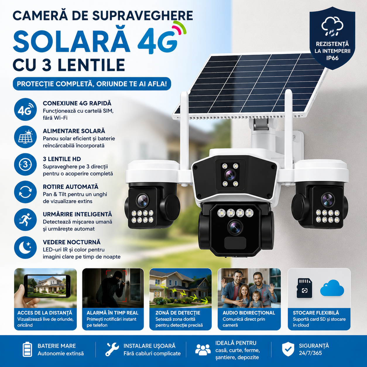 Camera de Supraveghere Solara 4G cu 3 Lentile, Rotire Automata, Urmarire Inteligenta, Vedere Nocturna Color si Alarma la Detectarea Miscarii, Control prin Telefon