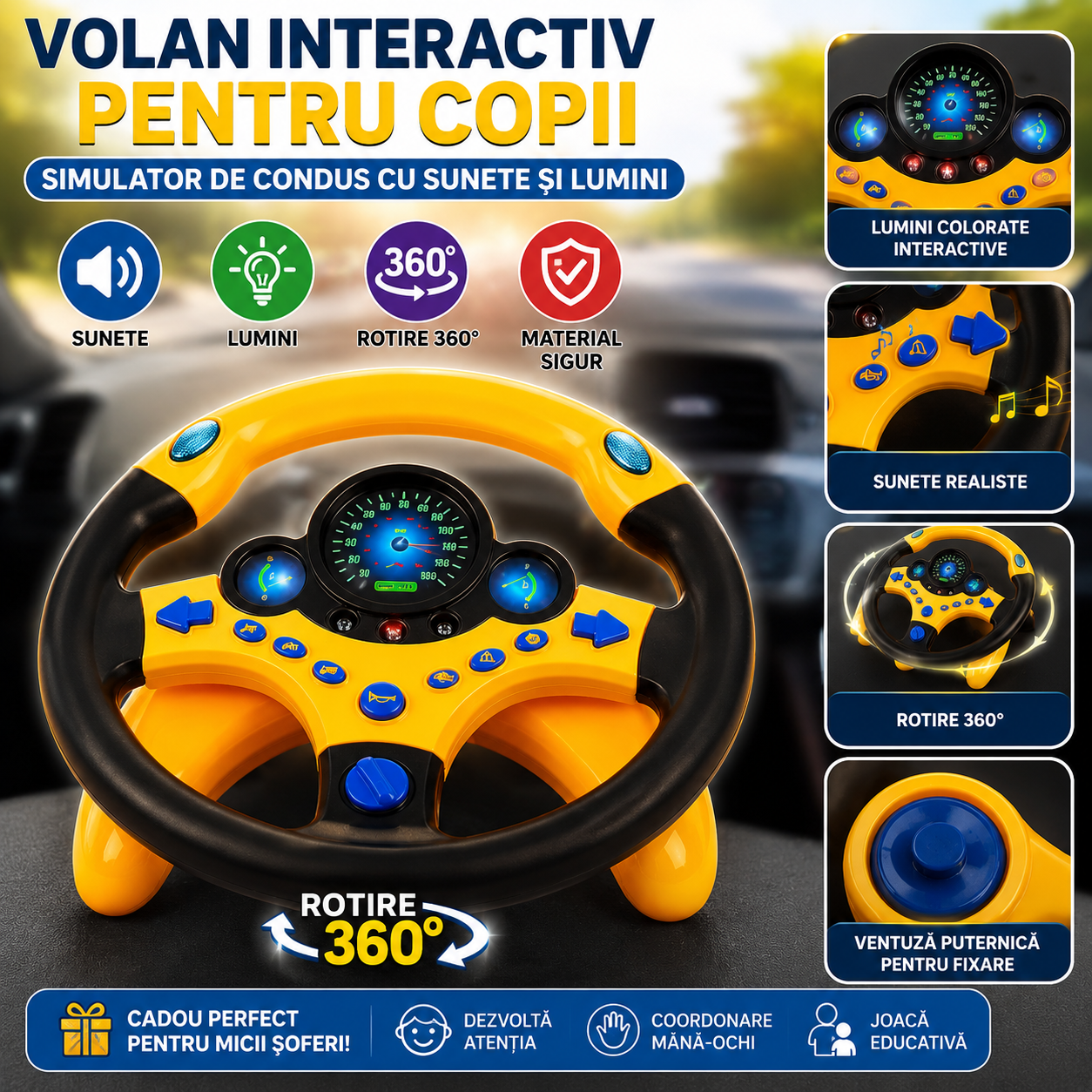 Volan Interactiv pentru Copii Simulator de Condus cu Sunete si Lumini, Rotire 360 Grade, Fixare cu Ventuze si Semnalizare Stanga Dreapta
