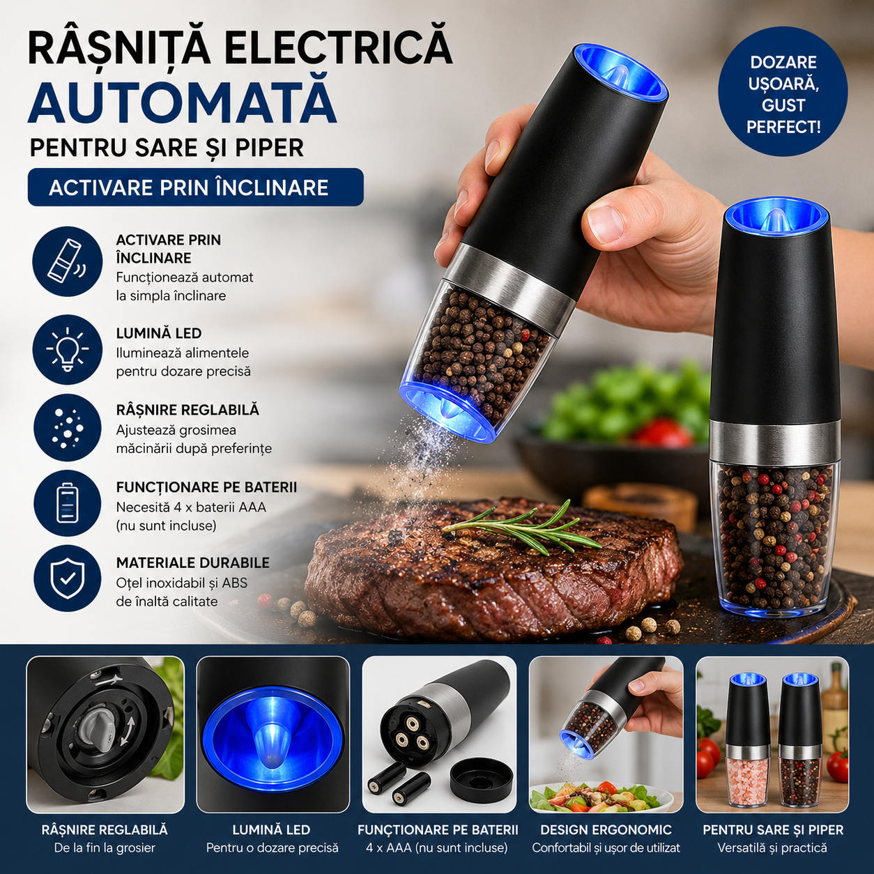 Rasnita Electrica Automata pentru Sare si Piper cu Activare prin Inclinare, Reglaj Grosime Macinare si Iluminare LED Albastru, Design Modern